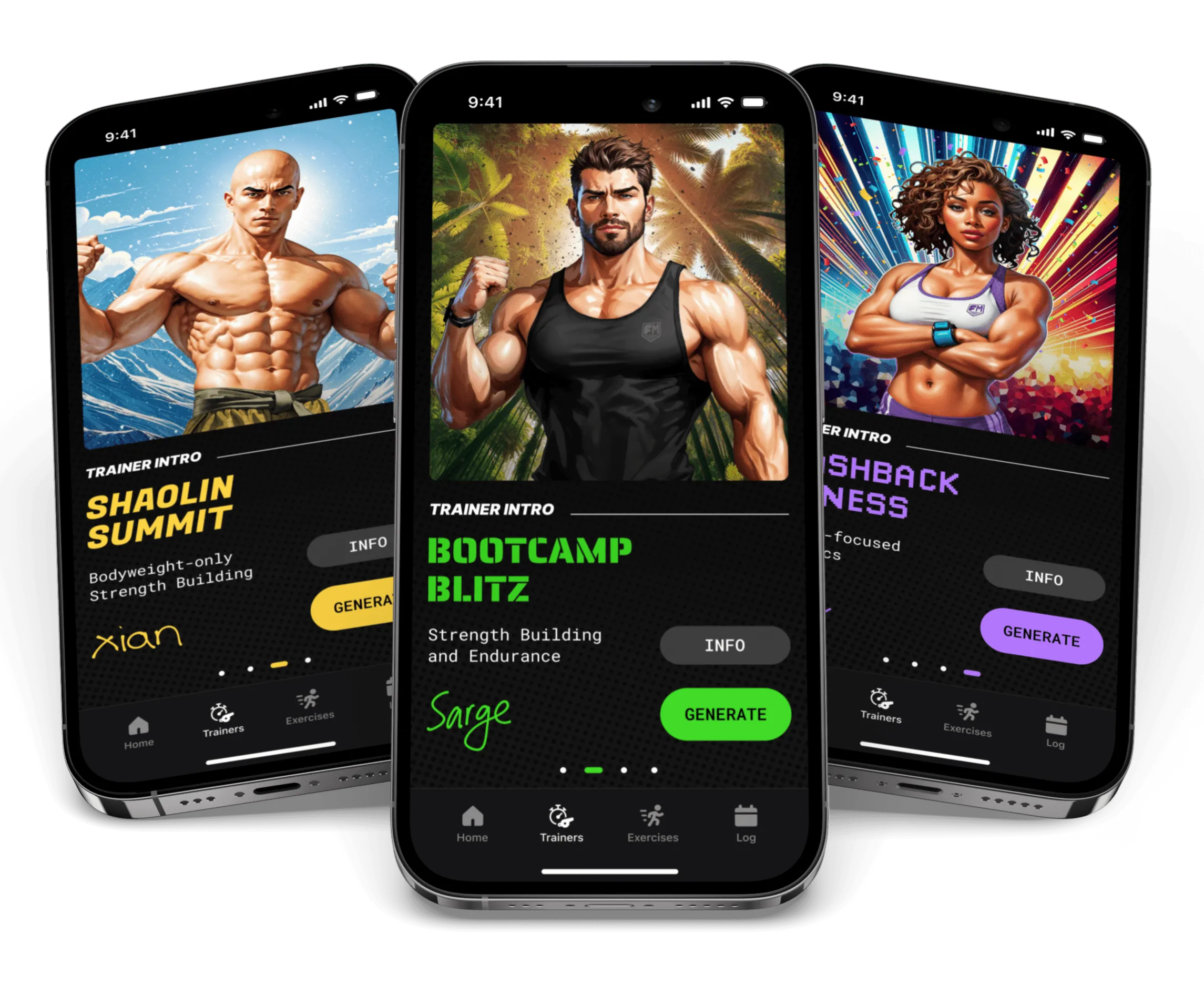 Three mobile phones displaying different FitMachine trainer homescreens